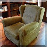 F04. Custom upholstered wing club chair wtih corded brown fabric. 37”h x 36”w x 37”d - $450 